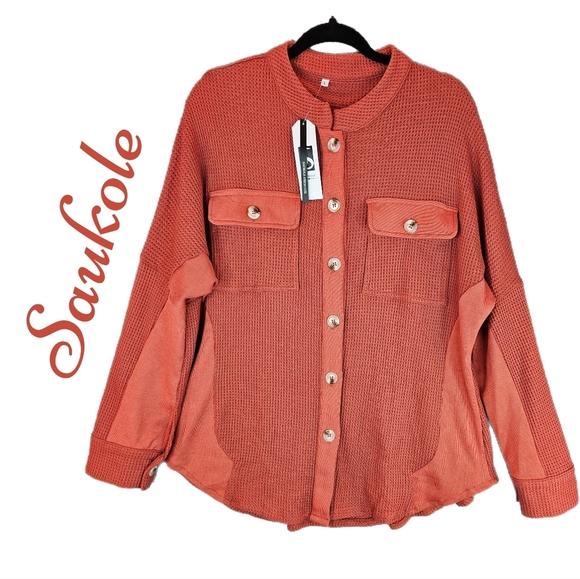 Saukole Womens Orange Long line Over Shirt Sz L Front Pockets Front Button down - Picture 1 of 14